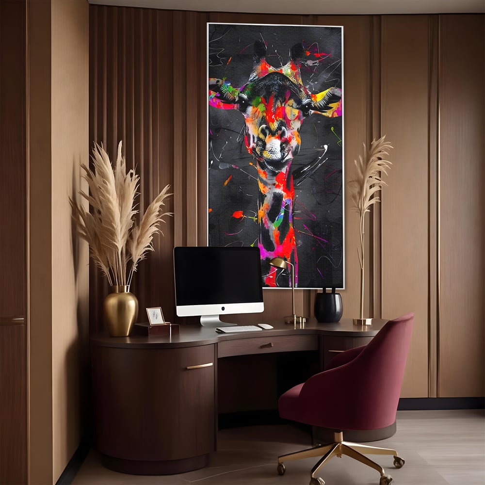 Tablou canvas cu tablou canvas cu girafa multicolor, in rama de aluminiu argintiu, pe perete intr-un birou